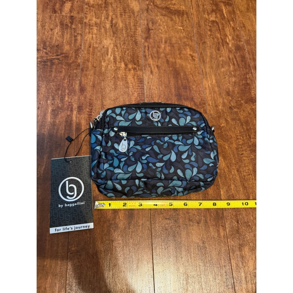 Baggallini RFID Crossbody Bag Blue Teal Petal Print Nylon Travel Purse NWT